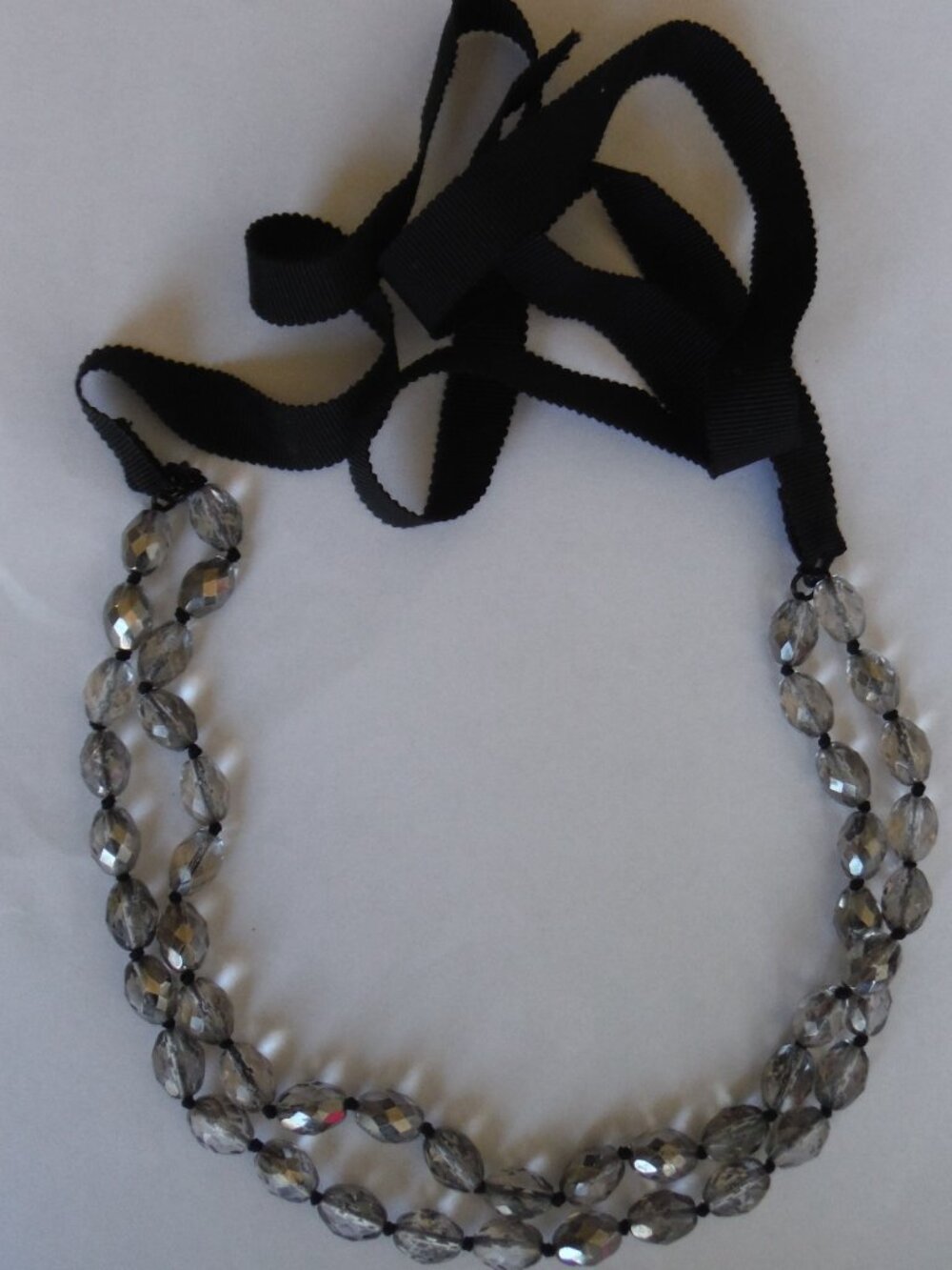 J CREW CLEAR BEADED NECKLACE Double Strand with ribbon tie DUST BAG